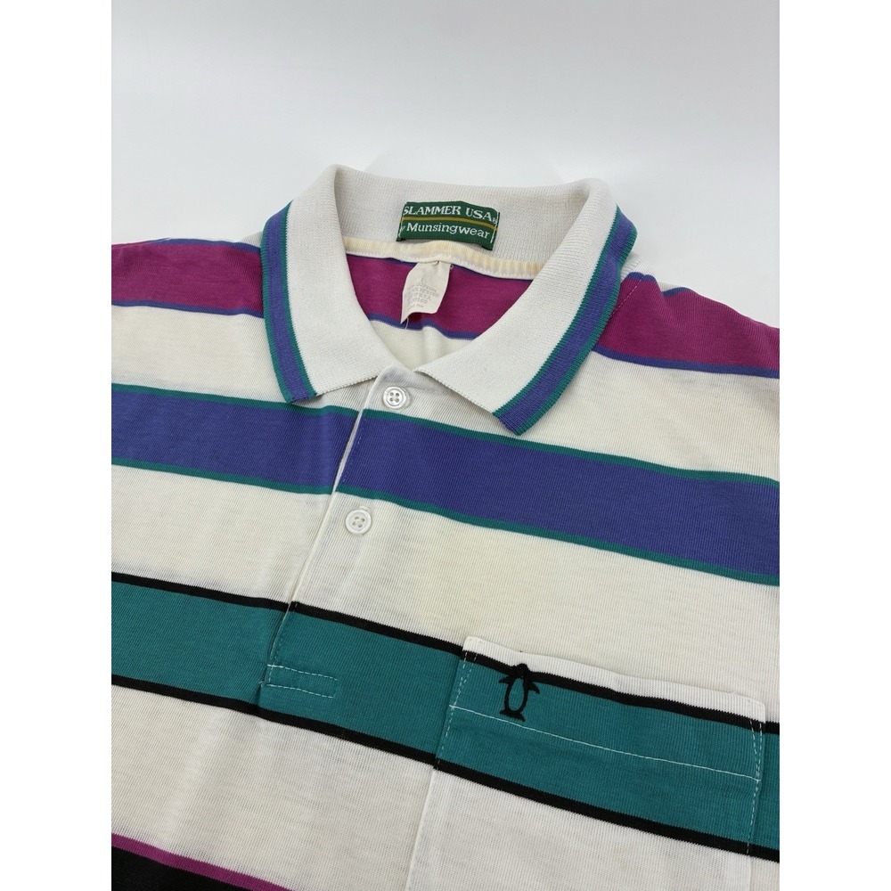 VNTG 80's MUNSINGWEAR Large polo shirt striped Slammer USA penguin logo USA Made